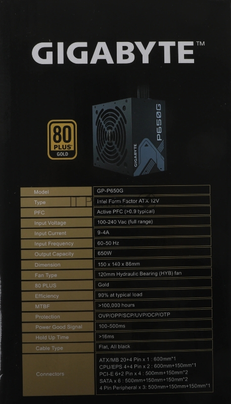 Блок питания Gigabyte ATX 650W GP-P650G 80+ gold (20+4pin) APFC 120mm fan 6xSATA RTL