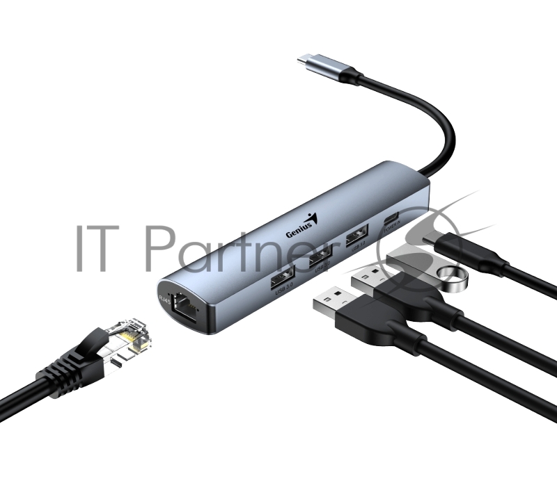 Концентратор USB HUB UH-545 USB3.0 с Ethernet RJ45, гигабитным Ethernet RJ45 x 1, портом питания USB-C (5 В 3 А) x 1, портами передачи данных USB-A 3.0 x 3