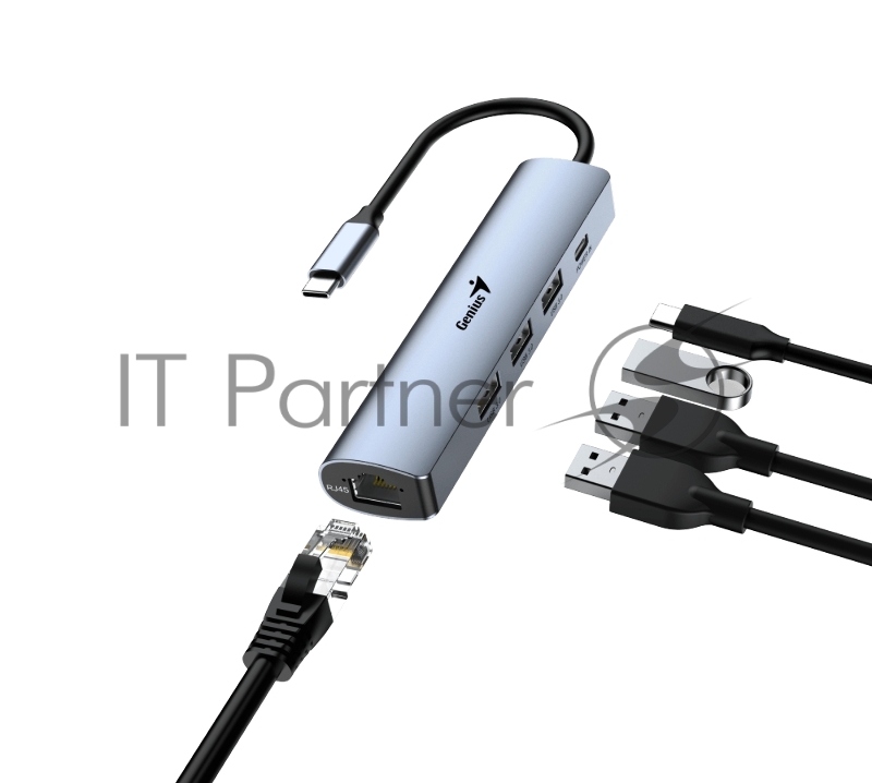 Концентратор USB HUB UH-545 USB3.0 с Ethernet RJ45, гигабитным Ethernet RJ45 x 1, портом питания USB-C (5 В 3 А) x 1, портами передачи данных USB-A 3.0 x 3