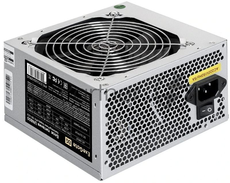 Блок питания ExeGate UN850, 850W, (ATX, SC, 12cm fan, 24pin, 2x(4+4)pin, 2xPCI-E, 5xSATA, 3xIDE, кабель 220V 1,8м с защитой от выдергивания)