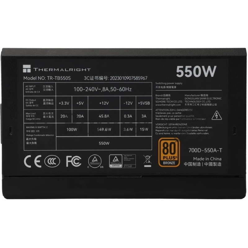 Блок питания Thermalright TR-TB550S, 550W 80+ Bronze (ATX, 3, Non-modular, 1x24(20+4)pin 550mm, 1xCPU*2 8(4+4)pin 600+150mm, 1xPCIe 8(6+2)pin 450mm, 1xSATA*3+MOLEX4pin*1 400+150+150+150mm, 1xSATA*2+MOLEX4pin*2 400+150+150+150mm, Active, 120x120mm, 15