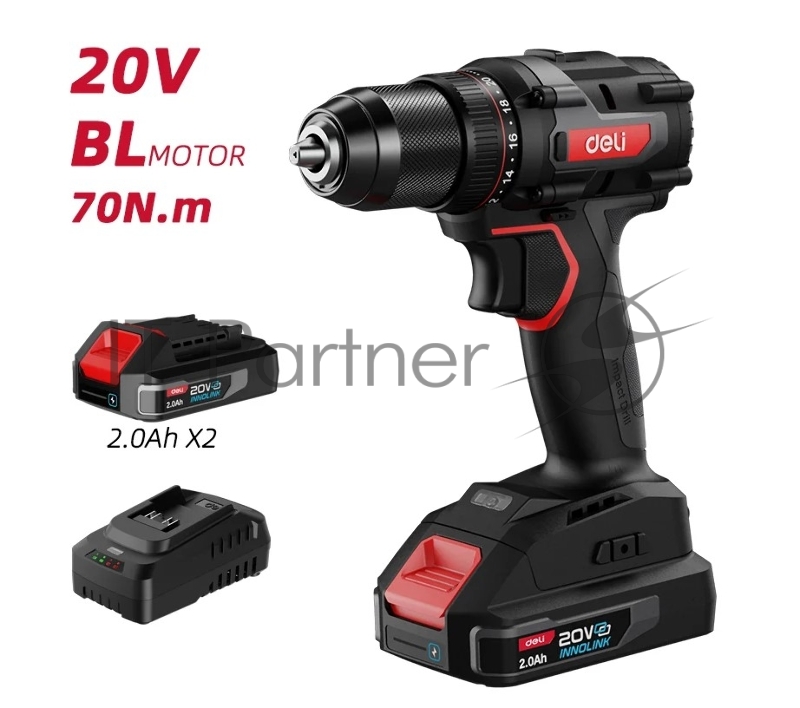 Дрель-шуруповерт аккумуляторная Deli DE-DZ20-2D2 (2 АКБ*2Ач+ЗУ, 20В, 13мм, 70Нм, сумка)