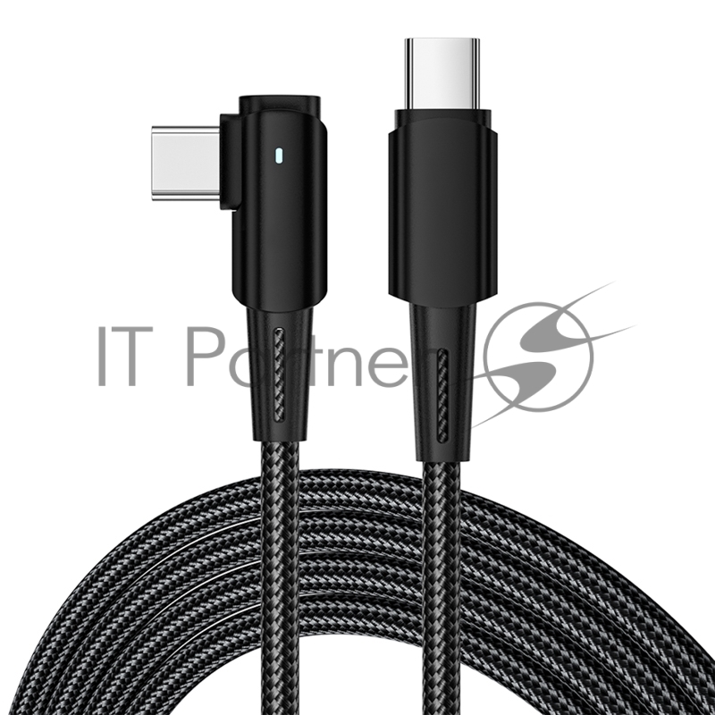 Кабель Type-C – Type-C, 5А, 100Вт, 1м, в черной нейлоновой оплетке, с угловым штекером и световой индикацией REXANT