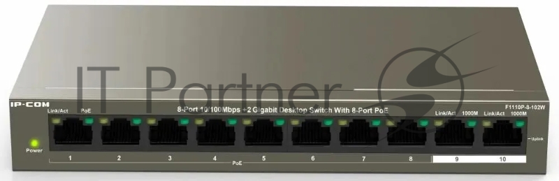 Коммутатор неуправляемый IP-COM F1110P-8-102W PoE, 10 портов, 10x100 Мбит/с, 2x1 Гбит/с, PoE 8х99 Вт, настольный