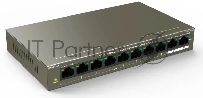 Коммутатор неуправляемый IP-COM F1110P-8-102W PoE, 10 портов, 10x100 Мбит/с, 2x1 Гбит/с, PoE 8х99 Вт, настольный