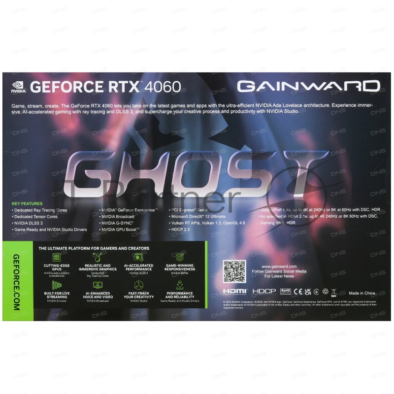 Видеокарта Gainward RTX4060 GHOST OC 8GB GDDR6 128bit 3-DP HDMI