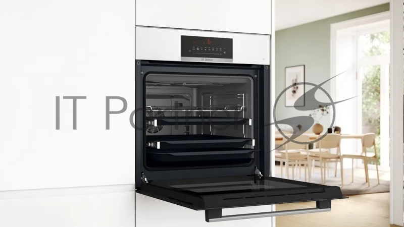 Встраиваемый духовой шкаф Bosch, Serie 8, объем 67 л , 12 режимов нагрева, 4D Hotair, телескопические направляющие, пиролиз, сенсорное управление, 40 автоматических программ, цвет белый