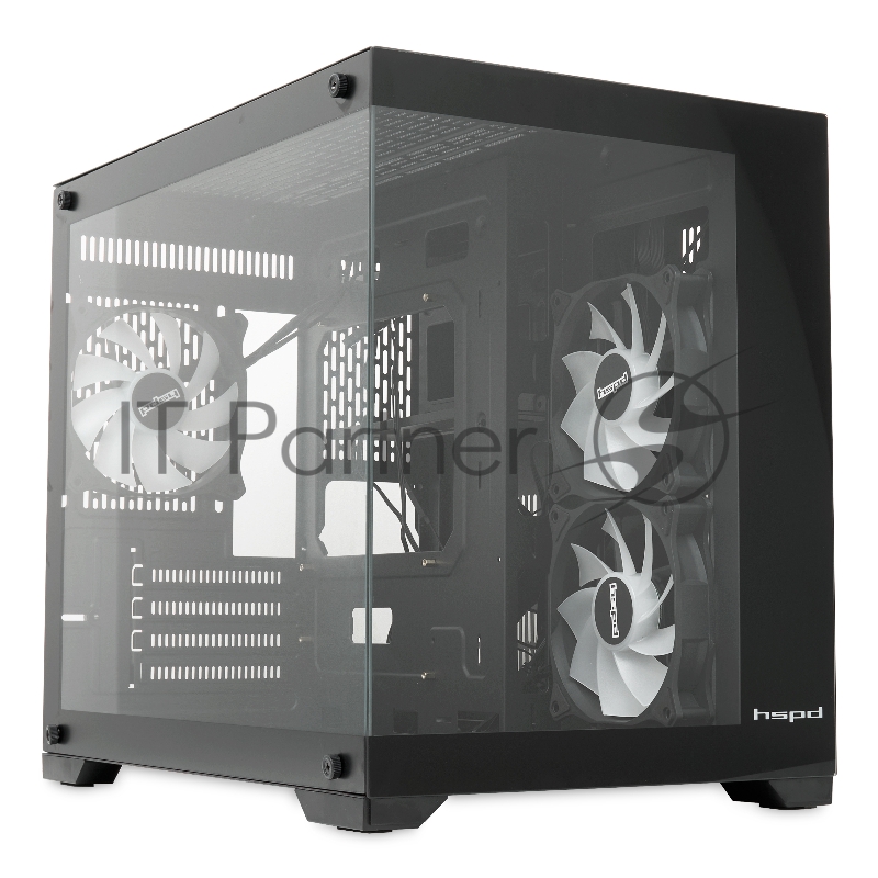 Компьютерный корпус без блока питания HSPD F330, Panoramic Mini-tower, черный, TG, 0.5 SPCC, 3x120mm ARGB mATX, mITX 160/400/200mm 1x2.5, 2x3.5, 4xPCI 1xUSB-C 3.0, 2xUSB-A1.0 428x280x375mm