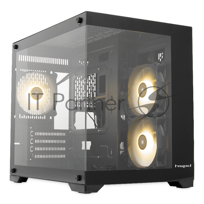 Компьютерный корпус без блока питания HSPD F330, Panoramic Mini-tower, черный, TG, 0.5 SPCC, 3x120mm ARGB mATX, mITX 160/400/200mm 1x2.5, 2x3.5, 4xPCI 1xUSB-C 3.0, 2xUSB-A1.0 428x280x375mm
