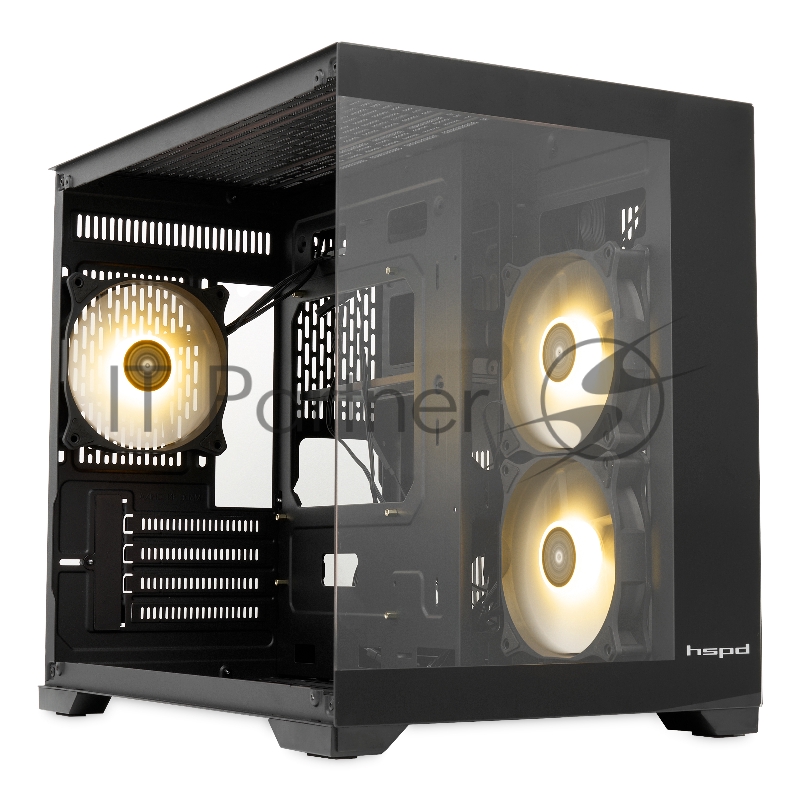 Компьютерный корпус без блока питания HSPD F330, Panoramic Mini-tower, черный, TG, 0.5 SPCC, 3x120mm ARGB mATX, mITX 160/400/200mm 1x2.5, 2x3.5, 4xPCI 1xUSB-C 3.0, 2xUSB-A1.0 428x280x375mm