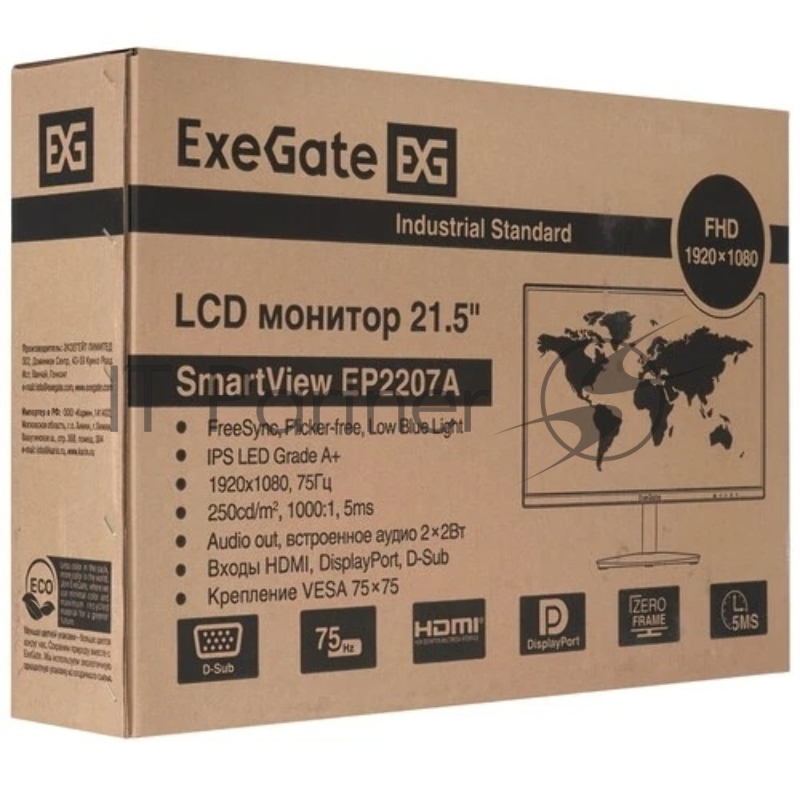 Монитор с аудио ExeGate SmartView EP2207A черный 21.5 IPS LED Grade A+, FHD, 1920x1080@75Гц, 16:9, 250cd/m2, 1000:1, 178°/178°, 5ms, Speakers, D-Sub, HDMI, DisplayPort, audio-out, FreeSync, Flicker-free, Low Blue Light, кабель HDMI 1.5м, VESA 75x75,