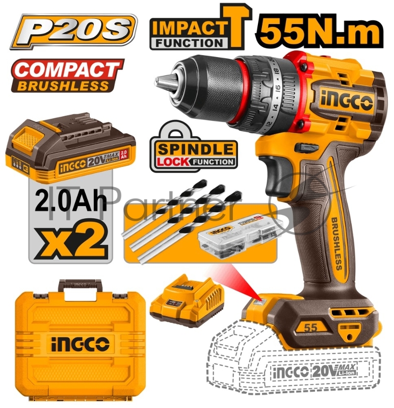 Аккумуляторный ударный шуруповерт INGCO CIDLI20558 SUPER 20B BL 55Hm 22+1+1 кейс