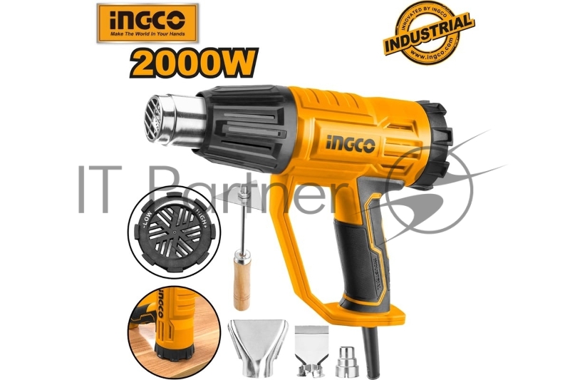 Фен строительный INGCO HG200047, 2000Вт, рег темп. до 550град. 3 скорости потока, коробка