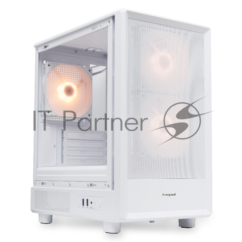 Корпус без блока питания HSPD M310, Mesh Mini-tower, белый, TG, 0.4 SPCC, 3x120mm ARGB mATX, mITX 180/280/160mm 1x2.5, 1x3.5, 4xPCI 2xUSB-A 3.0 452x277x418mm