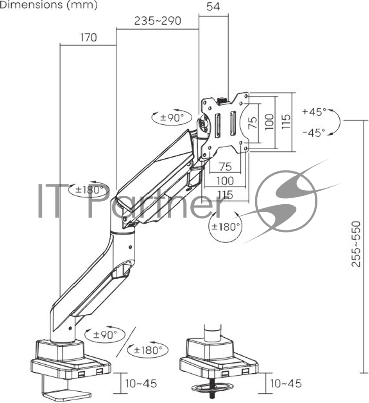 Кронштейн для мониторов Ultramounts UM717 серебристый 17-49 макс.18кг крепление к столешнице поворот и наклон