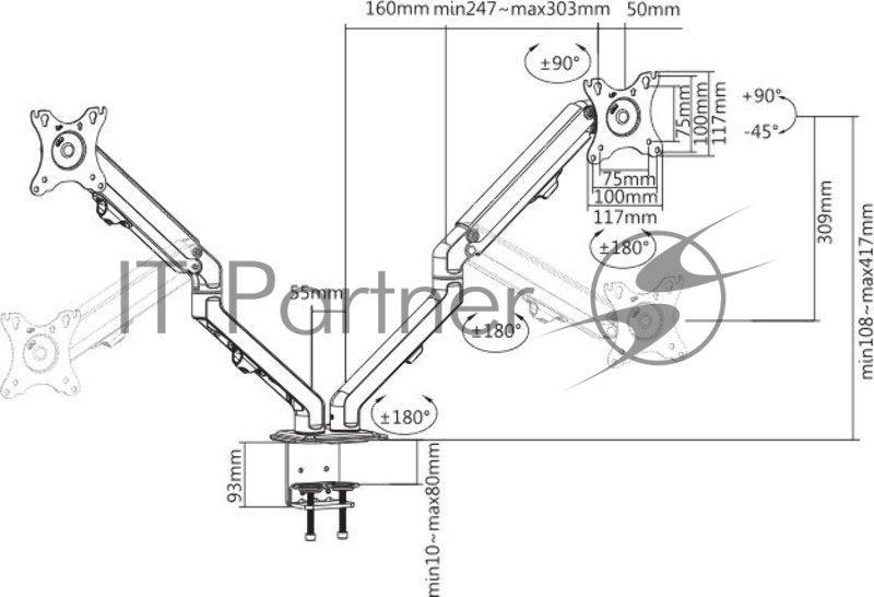 Кронштейн для мониторов Ultramounts UM729 черный 17-27 макс.7кг крепление к столешнице поворот и наклон