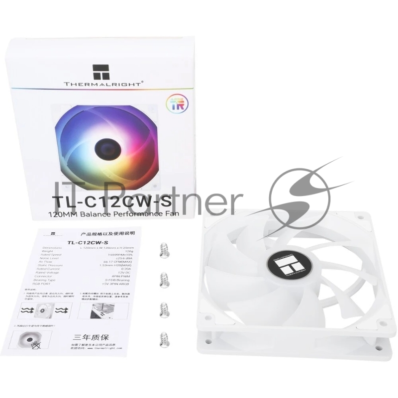 Кулер для корпуса/ Thermalright TL-C12CW-S (120x120x25mm, 4-pin PWM, ARGB, 66.17CFM, 25.6dBA, 1550RPM, White)