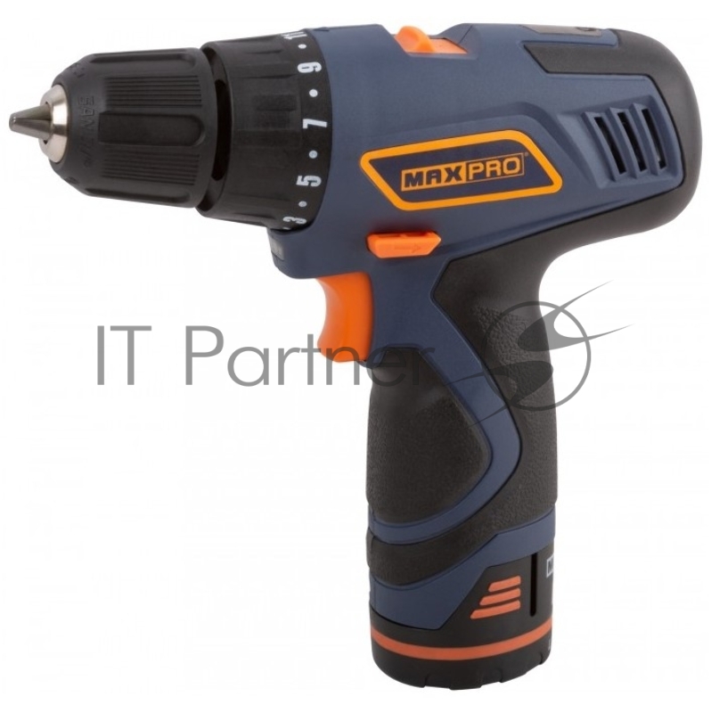Дрель-Шуруповерт аккумуляторная MAX-PRO 12 В, 0-350/0-1100об/мин, 10мм, 30Нм, 2 батареи (SAMSUNG Li-Ion)х1,5Ач, 17+1, 1ч., регулировка оборотов, резин