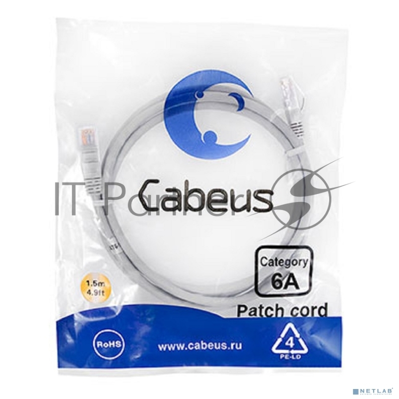 Шнур комм. Cabeus, кат. 6A, неэкр., U/UTP, RJ45/RJ45, LSZH, AWG24, 1.5м, серый