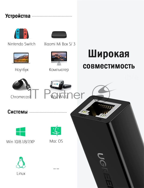 Сетевой адаптер Adapter UGREEN CR110 USB 2.0 A To 100Mbps Ethernet Adapter, Black
