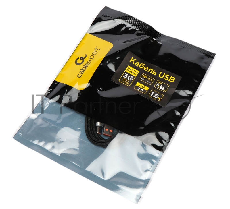 Кабель USB2.0 Cablexpert CCP-USB2-AMCM-66W-1.8M, AM/Type-C, 6A, 66Вт, QC3.0, оплетка, медь, 1.8м, черный, пакет