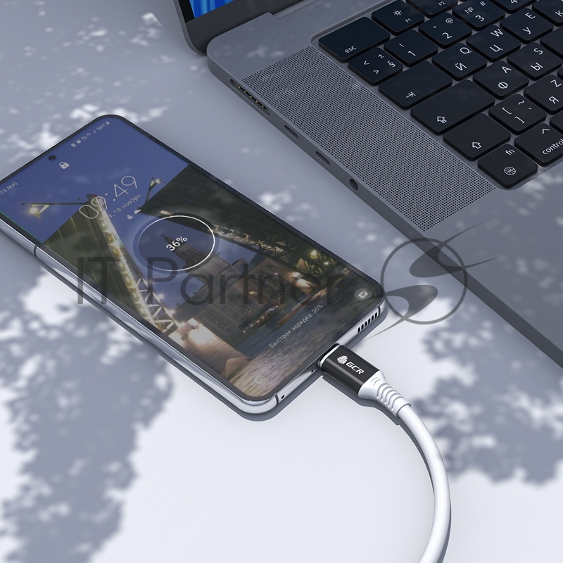 Кабель GCR 0.5m, TypeC POWER DELIVERY 60 W, 5A max, быстрая зарядка, белый TPE, AL case черный, белый ПВХ, 28/22 AWG, GCR-53655