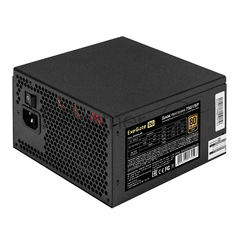 Блок питания 750W ExeGate 80 PLUS® GOLD 750VSP FС (ATX3.0, APFC, КПД 90% (80 PLUS Gold), 120mm fan, 24pin, 2x(4+4)pin, PCIE5.0/12VHPWR, 4xPCI-E, 6xSATA, 3xIDE, 1xFDD, Full Cable Management, black, Color box)