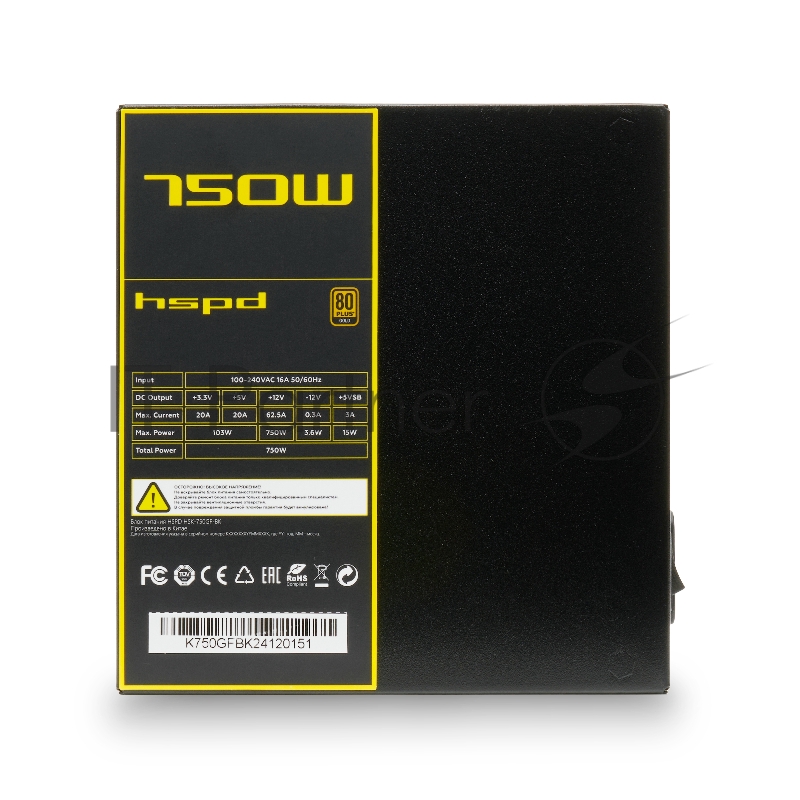 Блок питания HSPD, 750W 80+ Gold (ATX, 2.52, Full modular, 1x24(20+4)pin mesh 550mm, 1xCPU*2 8(4+4)pin 650+150mm, 2xPCIe*2 8(6+2)pin 500+150mm, 2xSATA*3 450+150+150mm, 1xMOLEX4pin*3 450+150+150mm , Active, 120x120mm, 150x140x86mm, APFC, OVP, UVP, SCP