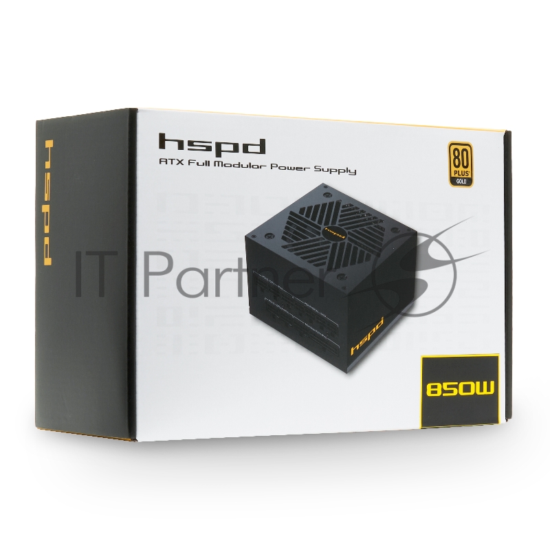 Блок питания HSPD, 850W 80+ Gold (ATX, 2.52, Full modular, 1x24(20+4)pin mesh 550mm, 1xCPU*2 8(4+4)pin 650+150mm, 2xPCIe*2 8(6+2)pin 500+150mm, 2xSATA*3 450+150+150mm, 1xMOLEX4pin*3 450+150+150mm , Active, 120x120mm, 150x140x86mm, APFC, OVP, UVP, SCP
