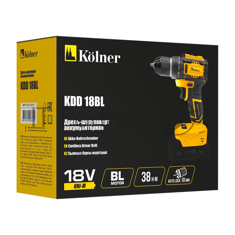Дрель-шуруповерт аккум. 18V UNI-M BL 38/18 Нм Коlner KDD 18BL, БЗП 10мм металл, 0-350/1350 об/мин, 2 скорости, подсветка (без акб и зу)Совместимые аккумуляторы KOLNER KB 18-2ST-01, KB 18-3ST-01