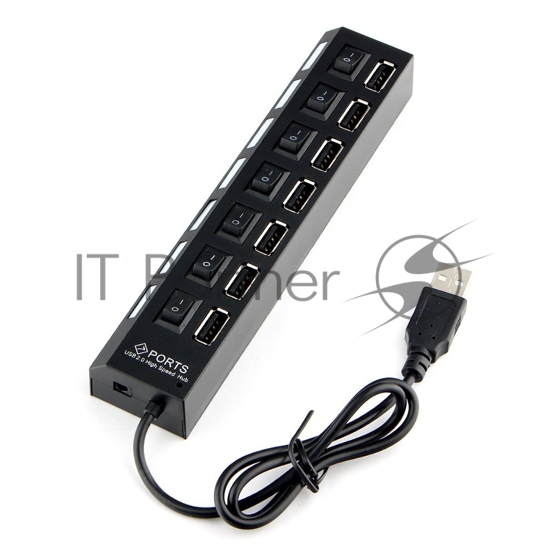 Разветвитель USB2.0 Gembird UHB-U2P7-01, 7хUSB, с доп. питанием, подсветка и выключатели, кабель USB 55см, черный, коробка