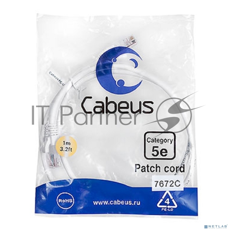 Шнур комм. Cabeus, кат. 5е, неэкр., U/UTP, RJ45/RJ45, PVC, AWG24, 1м, белый