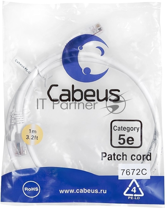 Шнур комм. Cabeus, кат. 5е, неэкр., U/UTP, RJ45/RJ45, PVC, AWG24, 1м, белый