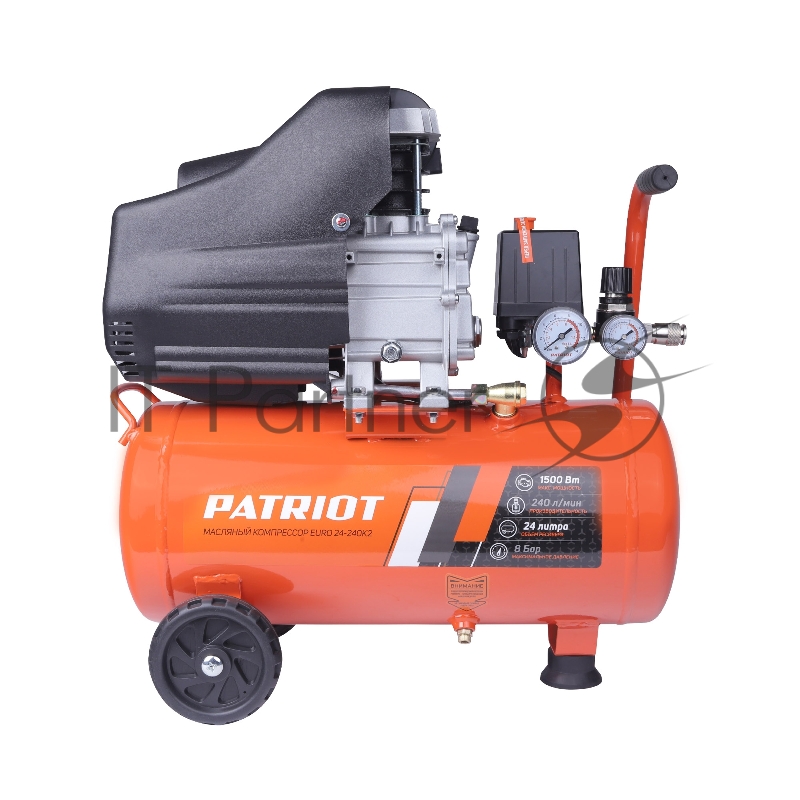 Компрессор Patriot поршневой масляный EURO 24-240K2, 240 л/мин, 8 бар, 1500 Вт, 24 л, быстросъемный 1/4 + елочка, набор пневмоинструмента KIT 5C
