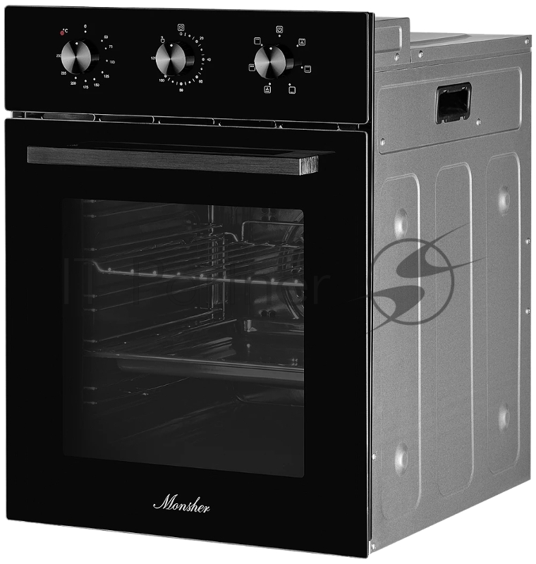 Встраиваемый духовой шкаф Monsher MOE 4563 Noir, электрический, High-Tech, объем 50 л, конвекция, гриль, 3 стекла в дверце, съемные стекла, съемная дверца, телескопические направляющие, цвет черный