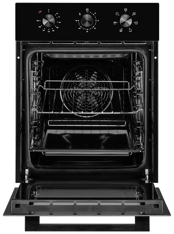 Встраиваемый духовой шкаф Monsher MOE 4563 Noir, электрический, High-Tech, объем 50 л, конвекция, гриль, 3 стекла в дверце, съемные стекла, съемная дверца, телескопические направляющие, цвет черный