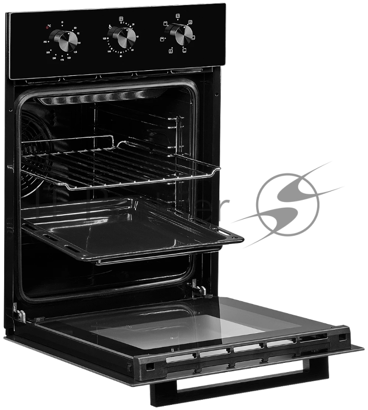 Встраиваемый духовой шкаф Monsher MOE 4563 Noir, электрический, High-Tech, объем 50 л, конвекция, гриль, 3 стекла в дверце, съемные стекла, съемная дверца, телескопические направляющие, цвет черный