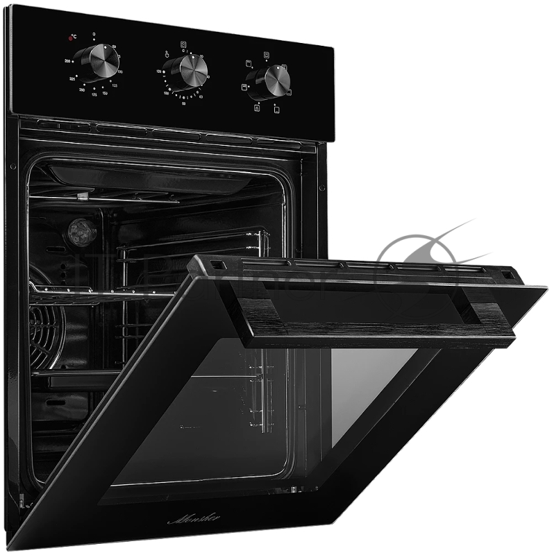 Встраиваемый духовой шкаф Monsher MOE 4563 Noir, электрический, High-Tech, объем 50 л, конвекция, гриль, 3 стекла в дверце, съемные стекла, съемная дверца, телескопические направляющие, цвет черный