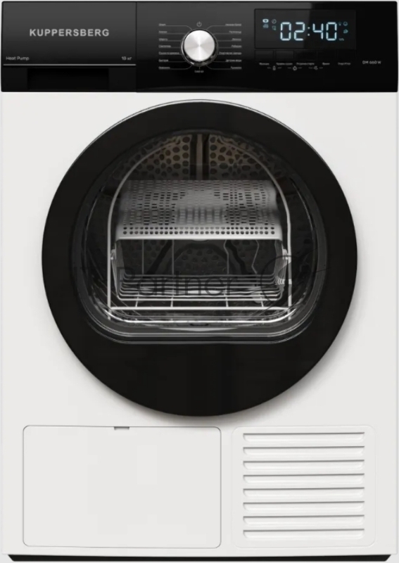 Сушильная машина KUPPERSBERG DM 660 W High-Tech, загрузка 10 кг, 15 программ, тепловой насос, отсрочка старта, реверс барабана, электронное управление, блокировка от детей, энергоэффективность А++, цвет белый