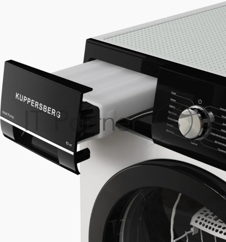 Сушильная машина KUPPERSBERG DM 660 W High-Tech, загрузка 10 кг, 15 программ, тепловой насос, отсрочка старта, реверс барабана, электронное управление, блокировка от детей, энергоэффективность А++, цвет белый