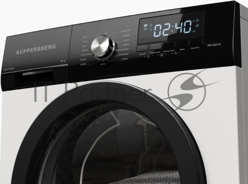 Сушильная машина KUPPERSBERG DM 660 W High-Tech, загрузка 10 кг, 15 программ, тепловой насос, отсрочка старта, реверс барабана, электронное управление, блокировка от детей, энергоэффективность А++, цвет белый