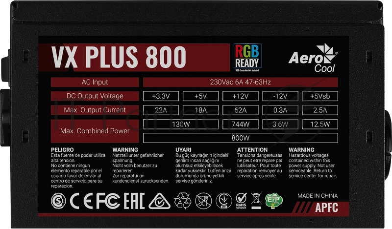 Блок питания Aerocool / Formula VX PLUS 800 RGB, 800Вт, 120мм, черный