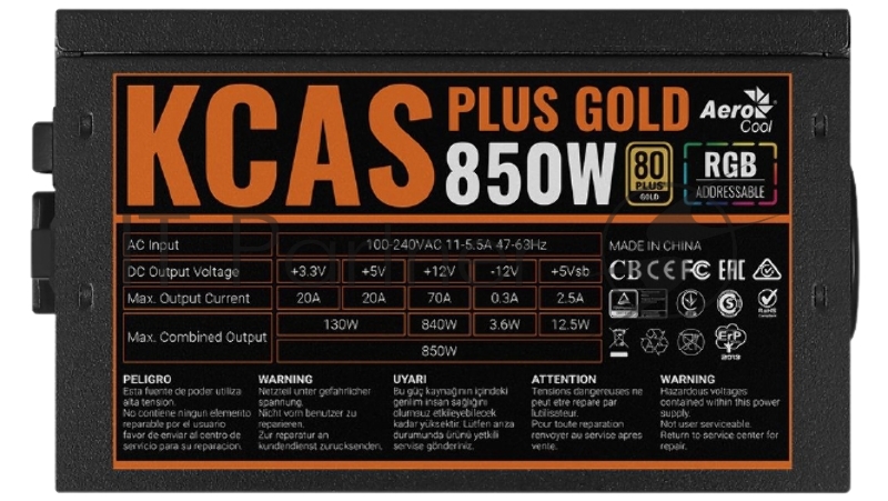 Блок питания Aerocool / Formula KCAS PLUS GOLD 850W <850W, ATX v2.4, APFC, Fan ARGB 12cm, 80+ Gold, Retail>