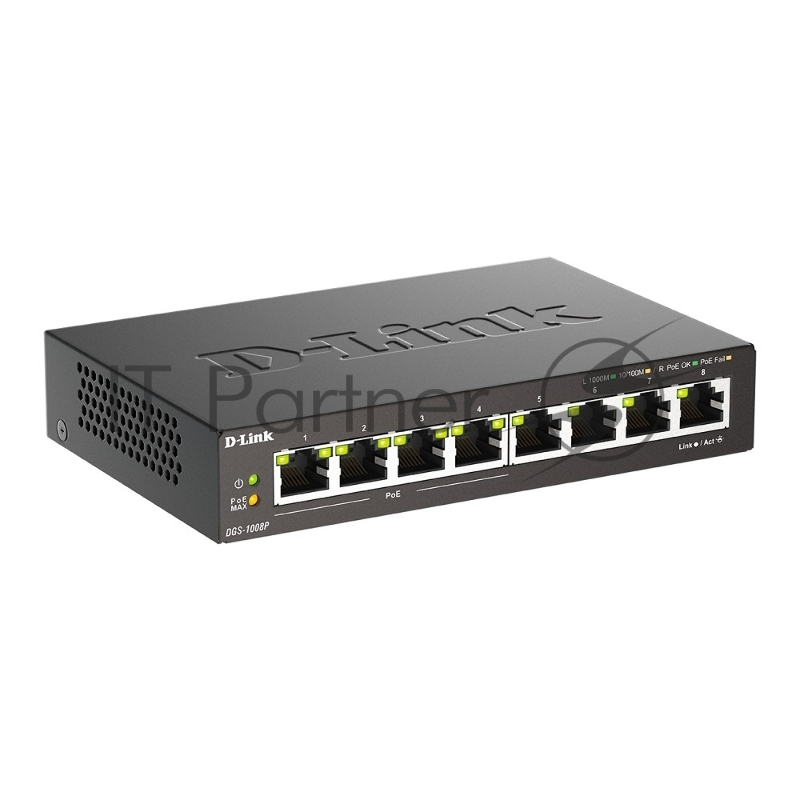 D-Link DGS-1008P/F3A Неуправляемый коммутатор с 8 портами 10/100/1000Base-T (4 порта PoE 802.3af/at, PoE-бюджет 60 Вт)