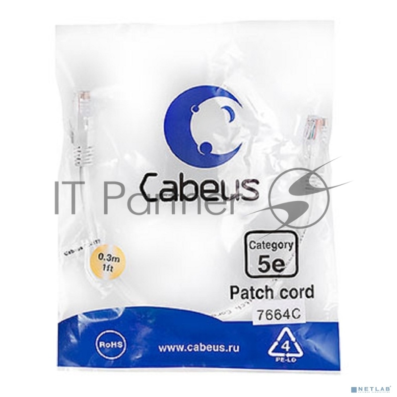 Шнур комм. Cabeus, кат. 5е, неэкр., U/UTP, RJ45/RJ45, LSZH, AWG24, 0.3м, белый