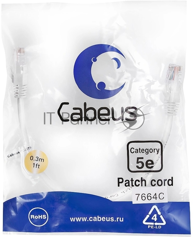 Шнур комм. Cabeus, кат. 5е, неэкр., U/UTP, RJ45/RJ45, LSZH, AWG24, 0.3м, белый