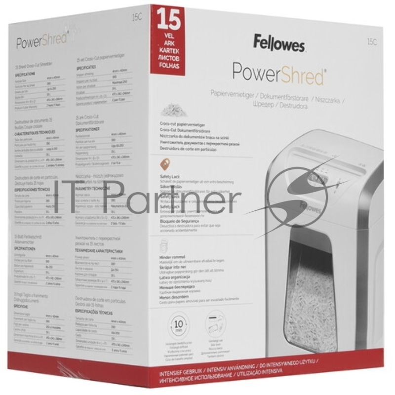 Шредер Fellowes PowerShred 15С белый (секр.P-4) фрагменты 15лист. 19лтр. скрепки скобы пл.карты