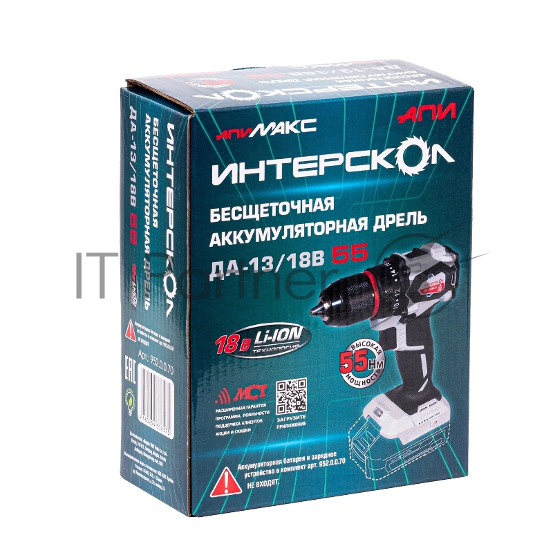 Дрель-шуруповерт Интерскол ДА-13/18В 55 без аккум. и ЗУ 600Вт аккум. патрон:быстрозажимной (952.0.0.70)