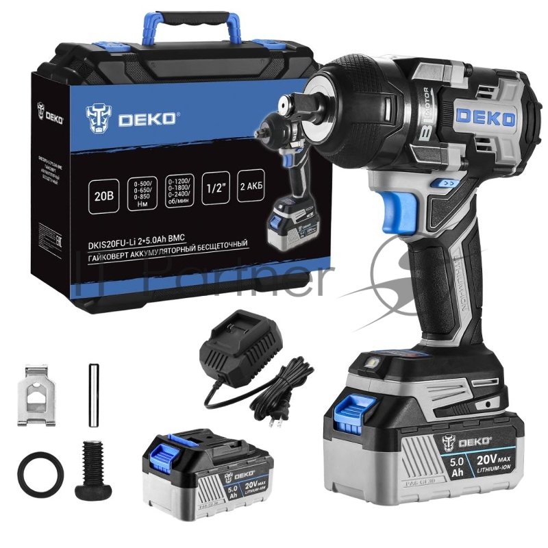 Гайковерт аккумуляторный бесщеточный DEKO DKIS20FU-Li, 20В, 2*5.0Ач, 1000 Нм, в кейсе