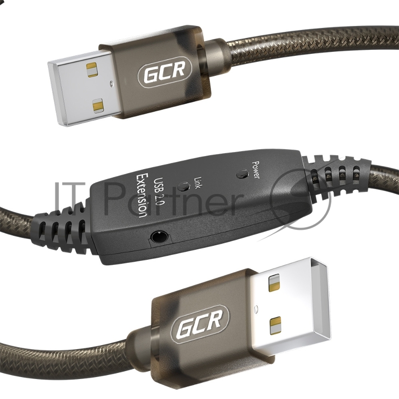 Кабель активный Greenconnect 10.0m USB 2.0, AM/AM, черно-прозрачный, с усилителем сигнала, разъём для доп.питания, 24/22 AWG, GCR-53788